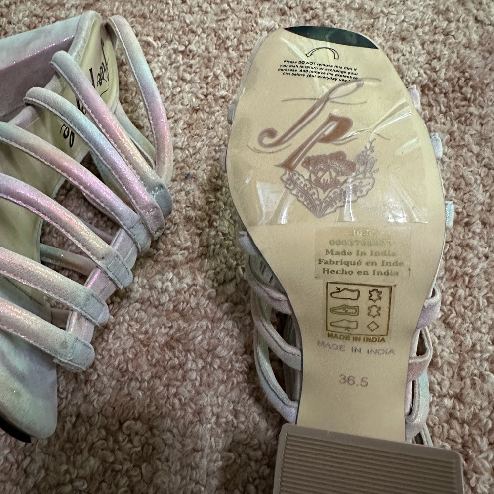 NWT Free People Colette Cinched  Strappy Block Heels in Metallic Rainbow Sz 36.5 - Picture 6 of 6